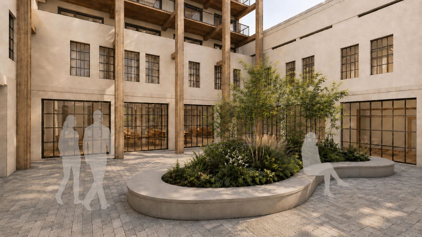 La même cour, image livrée : végétation, banc en béton, matières de façade.