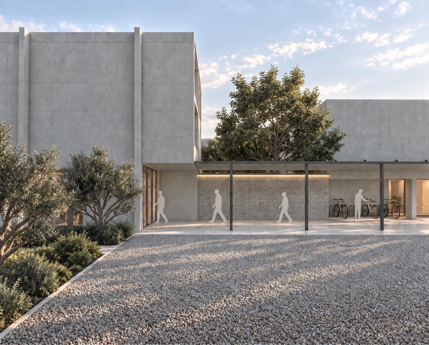 Le même bâtiment, image livrée : arbres, ombres portées, silhouettes et matière de la façade en brique.