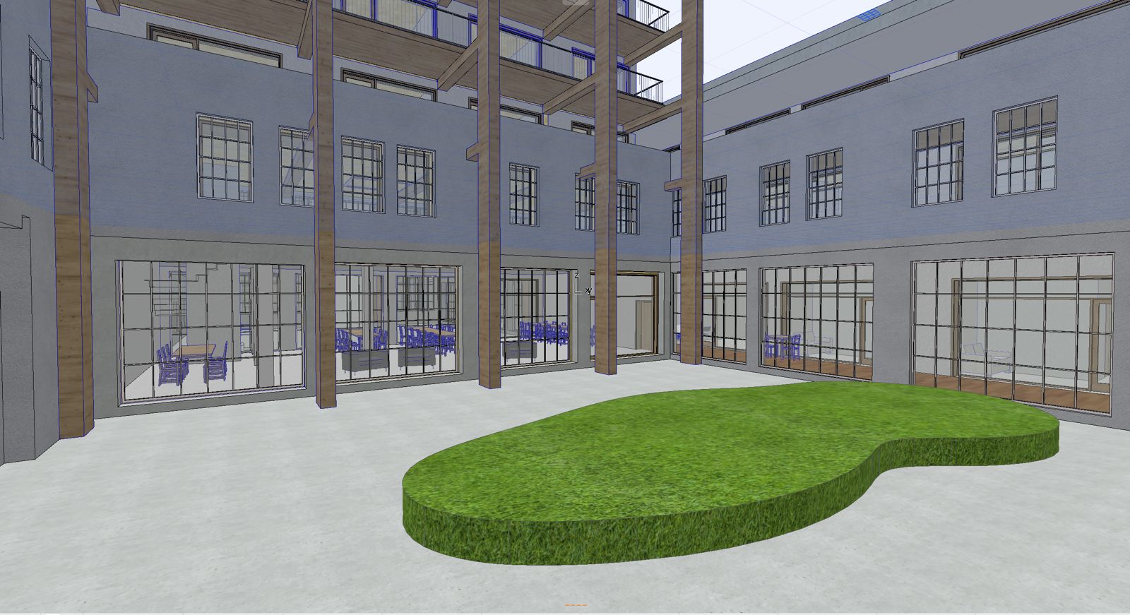 Cour intérieure d'un bâtiment industriel : rendu brut sorti du logiciel de modélisation.