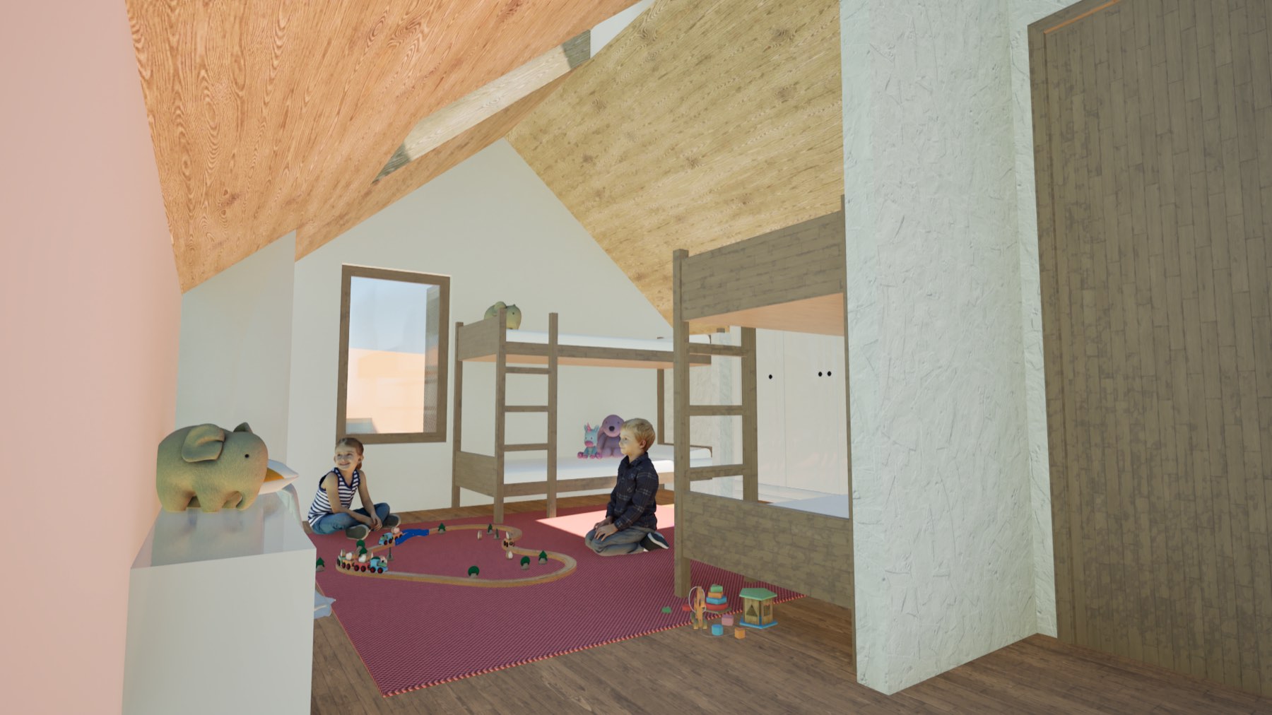 Chambre d'enfants sous combles, lits superposés et tapis rouge : rendu brut sorti du logiciel de modélisation.