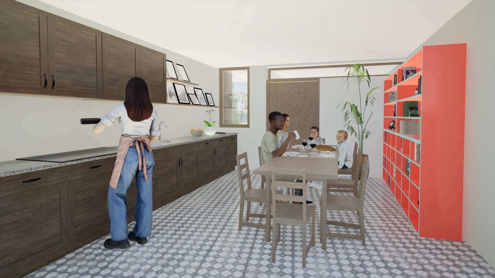 Cuisine ouverte sur la salle à manger, meubles bois foncé, carreaux de ciment et bibliothèque rouge : rendu brut sorti du logiciel de modélisation.