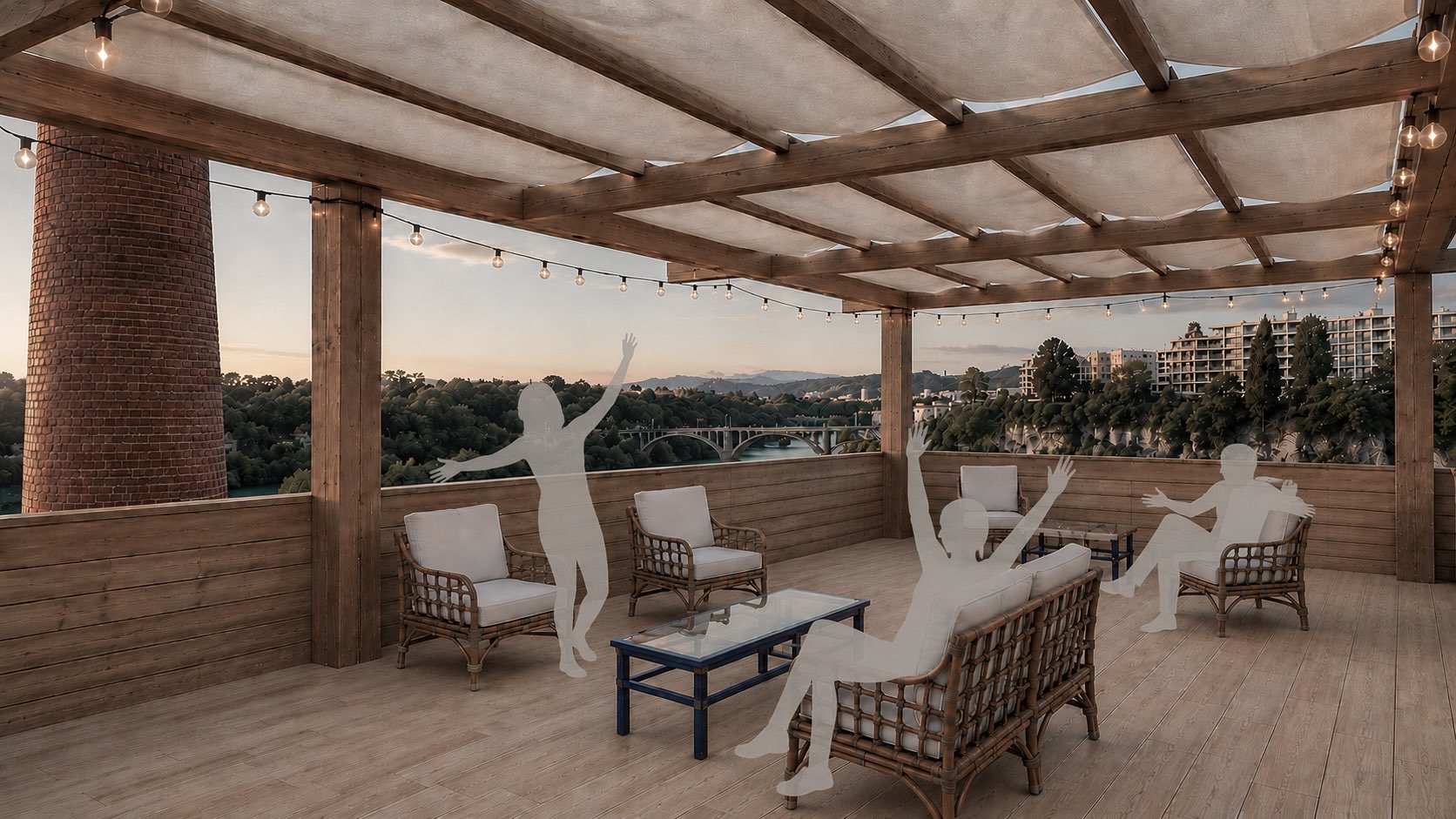 Terrasse couverte par une pergola en bois, en fin de journée, image livrée par Plein Nord.