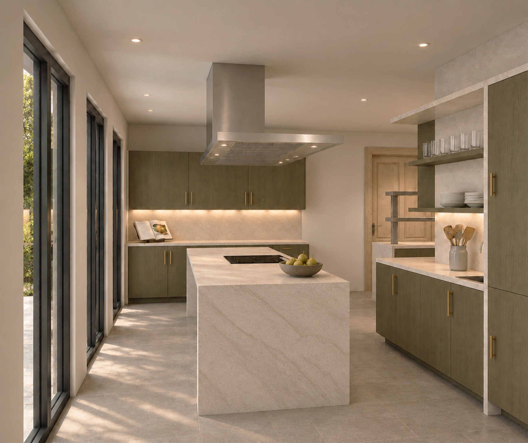 Cuisine aux façades vert olive et îlot en pierre claire, composée en bandes verticales : exemple de reprise d'un rendu brut sorti du logiciel de modélisation.