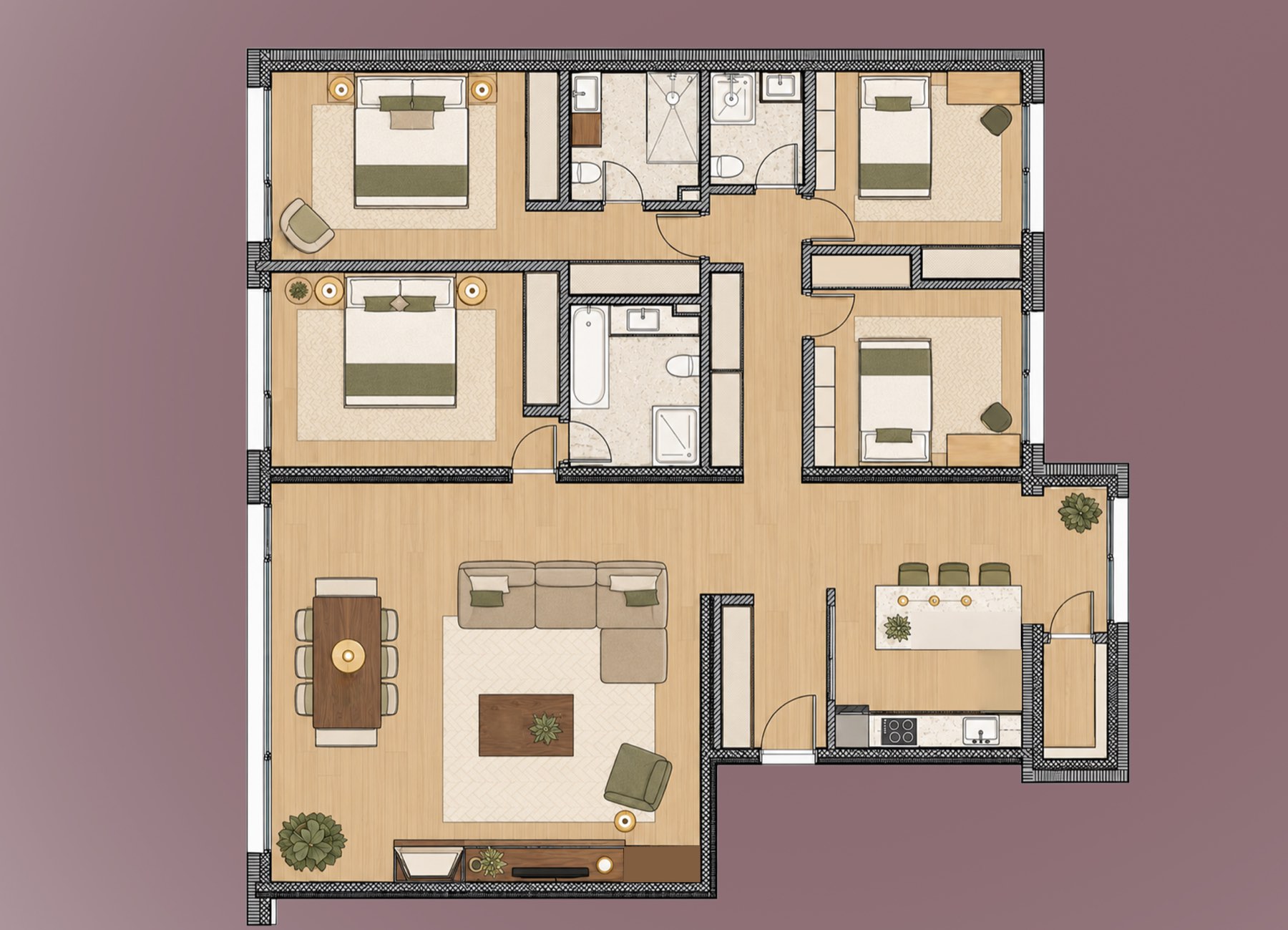 Plan de vente habillé : plan d'un appartement de quatre pièces, mis en couleur, en matières et en mobilier, avec ombres portées.