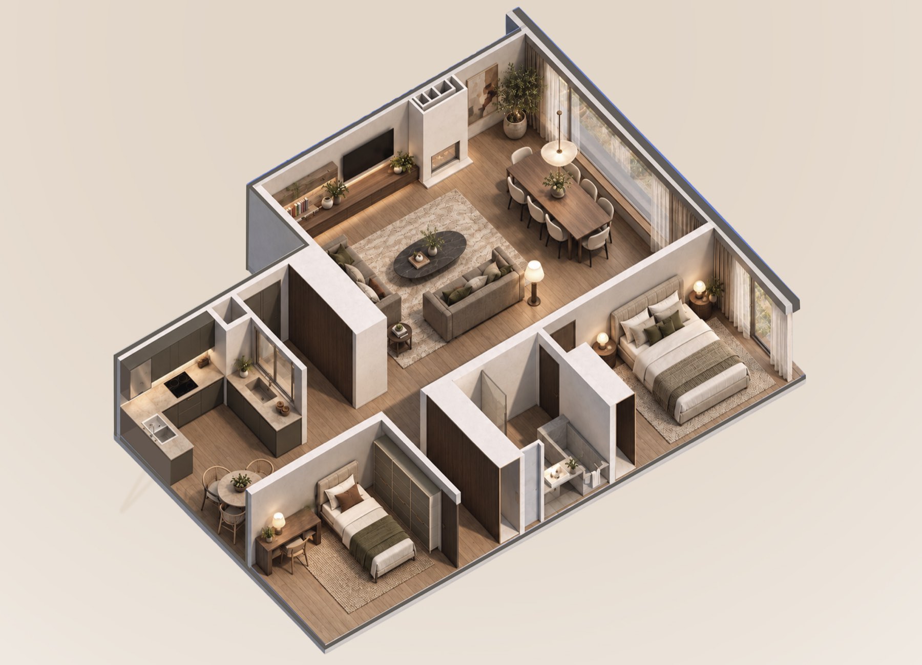 Axonométrie habillée : vue tridimensionnelle écorchée d'un appartement, cloisons coupées, mobilier et lumière en place.